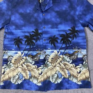 Vintage Hawaiian‎ Motorcycle Short Sleeve Button Shirt Mens 2XL Blue Camp Beach